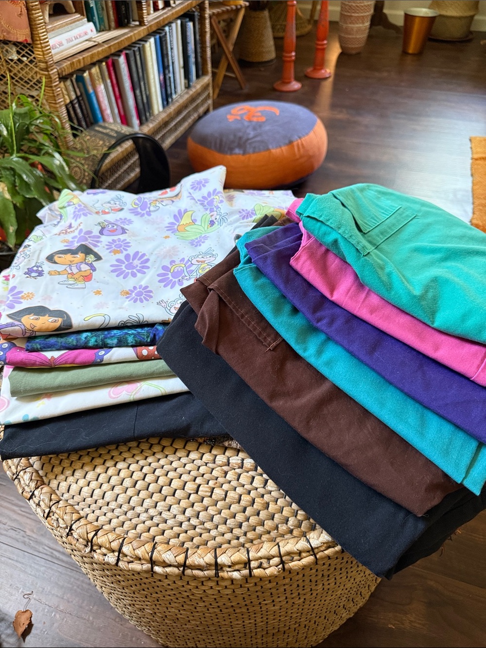 Colorful Stack of scrub Pants and Tops - Teal, Pink, Purple, Brown, Black